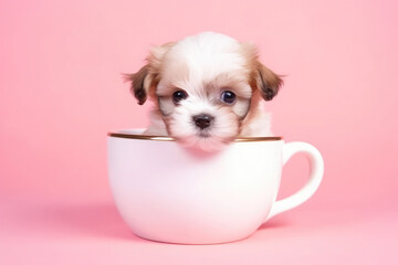 Very small and cute teacup doodle (poodle mix) puppy sitting inside a white teacup. Pet studio portrait, pink background 