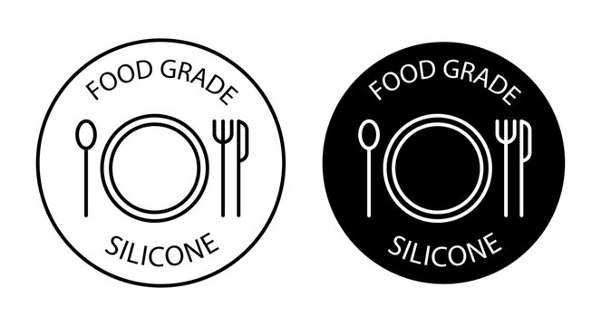 Food grade silicone icon set. Plastic safety fork and glass icon in black color for ui designs.