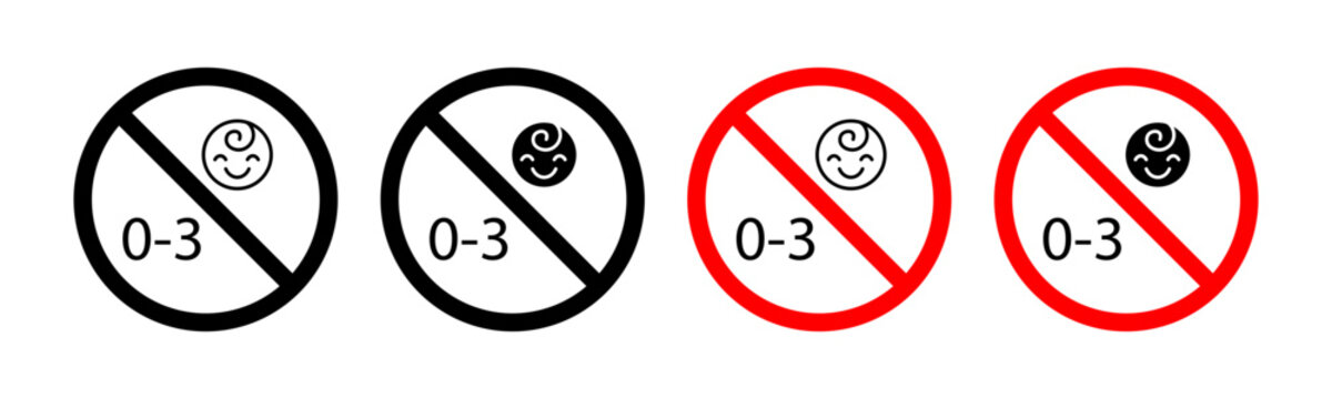 Not suitable for children under 3 years icon set. Forbidden danger warning sign for less than three years old child icon in black color for ui designs.