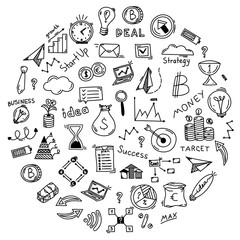 Doodle business icons set in circle concept. Lamp idea, target, cloud, money plant, clock, paper plan, schemes, pyramids, lettering, arrows, lamp, money tree, coins. Vector illustration on white