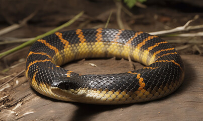 Obraz premium Closeup of a black and yellow tiger snake crawling on the ground 