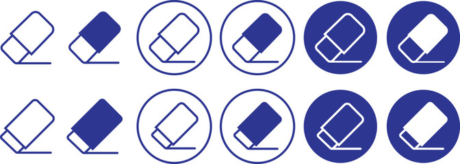 Set of flat Rubber Eraser blue icons. Art supplies icons editable stock. Drawing tool icons isolated on transparent background. Can be use for presentation templates, web and mobile phone apps.