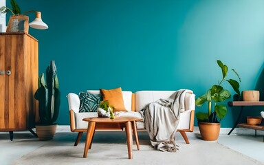 Rustic round coffee table near white sofa against turquoise wall. Scandinavian home interior design of modern living room.