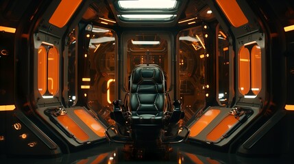 Sci-fi leather seat in a spaceship cockpit chamber