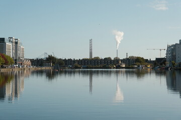 Picture from Docklands Square towards Poolbeg Generating Station in the background