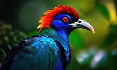 Gorgeous tropical bird with colorful plumage seen by profile. Wildlife macro photography 