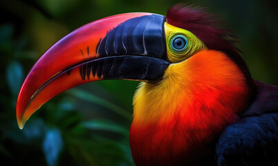 Obraz premium Closeup portrait of a colorful tropical bird (toucan) seen by profile and showing its big beak
