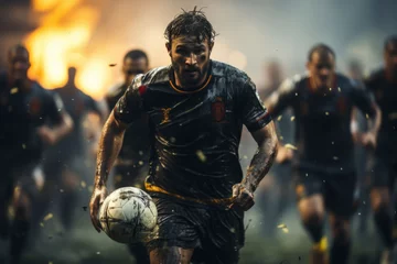 Foto op Plexiglas photo seizes moment where athletic football player, fueled by undying passion, takes a decisive run across the sprawling field, encapsulating the thrilling heartbeat of sports in a fleeting sprint © NS