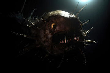 Anglerfish swimming in the dark waters of the abyssal sea.  - obrazy, fototapety, plakaty
