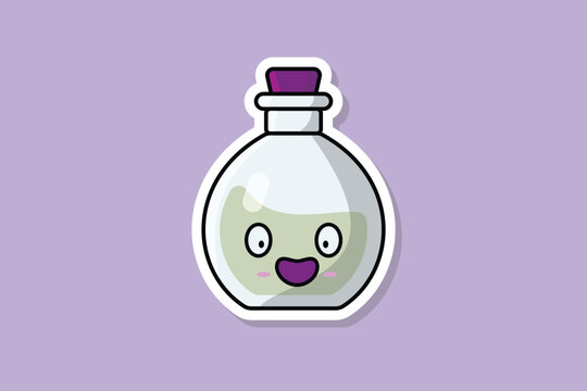 Potion Bottle with Cartoon Character Sticker vector illustration. Science object icon concept. Laughing cartoon with Potion sticker vector design.