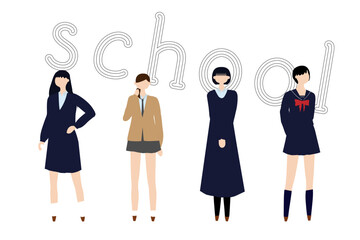異なる冬の制服を着た女子高生4人 