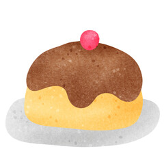 Pudding topped with chocolate and cherry.