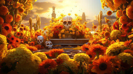 An atmospheric Día de los Muertos setting with delicately crafted sugar skulls amid a sea of marigold flowers, 3D digital rendering, reflecting the rich cultural heritage of the Day of the Dead