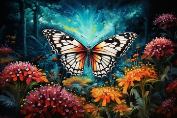 Artistic scenery with blooming flowers and a vibrant butterfly. Generative AI