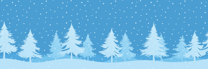 Winter landscape, cartoon nature, seamless border, hills with forest and falling snow, vector illustration