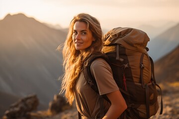 Beautiful woman hiker with backpack hiking in the mountains at sunset
