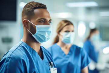 close up portrait of hispanic young man medical worker in Blue Scrubs and mask during coronavirus pandemic, blurred background