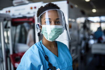 close up portrait of young african american woman doctor or nurse in mask standing in front of blurred medical van background - obrazy, fototapety, plakaty
