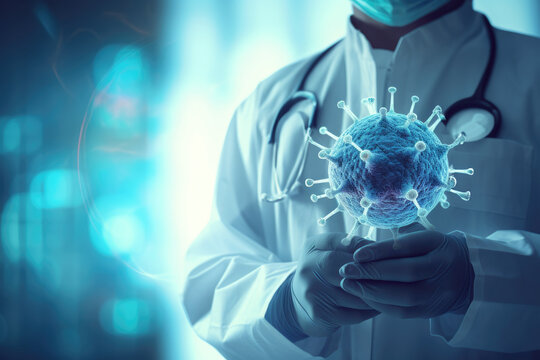 close up hands presenting corona virus particle or cell on dark blue blurred background. Scientist Holding a 3D Model of Coronavirus in a Lab