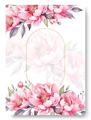 Beautiful pink peony floral wreath wedding invitation card template. Vintage wedding card invitation theme.