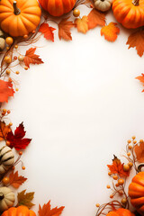 Naklejka na ściany i meble Autumn background with pumpkins and leaves ornamental around frame on isolated white, Thanksgiving background theme