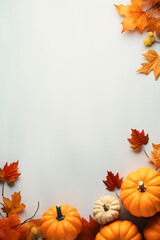 Autumn background with pumpkins and leaves ornamental around frame on isolated white, Thanksgiving background theme