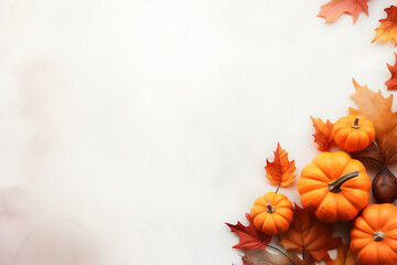 Autumn background with pumpkins and leaves ornamental around frame on isolated white, Thanksgiving background theme