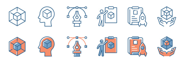 creative startup project icon set business create visual idea blueprint innovation model vector collection with cube, curve, tool, rocket, hexagon, clipboard symbol illustration
