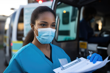 portrait of african american woman frontline ems key worker in mask, standing outside hospital with blurred background. coronavirus outbreak concept