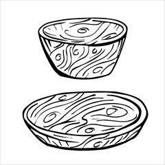 Drawing graphics, vector, wooden clay plates. Kitchen utensils dishes. Design for production, packaging, crafts.