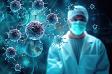 poster of a virus cells or particles with doctor in masks on the background. social advertising concept against coronavirus spreading