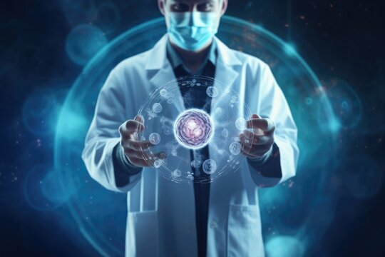 Scientist holding a holographic virus particle in a dark blurred background