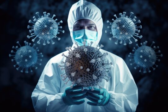 scientist in protective suit with coronavirus particles in hands and dark background