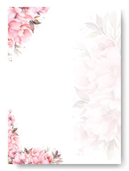 Floral wedding invitation template set with soft pink watercolor peony garland and leaves decoration.