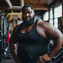 Overweight black man in the gym - obrazy, fototapety, plakaty