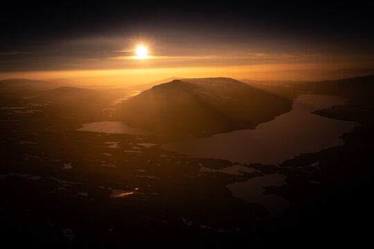 Midnight Sun Elegance: Aerial View Above the Fells of Swedish Lapland in Arctic Splendor