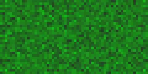 Green pixel grass seamless pattern. Farm, lane or earth game surface texture. Pixelart computer background with dithering. Vector illustration in retro style.