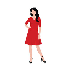 Beautiful slender fashion woman in red dress hand on her hip. Flat vector illustration isolated on white background