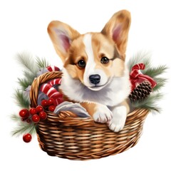 A brown and white dog sitting in a basket Christmas clipart.