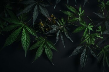 Arranged cannabis leaves on black plants. Generative AI