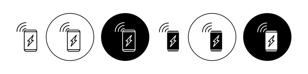 Wireless charging icon set. Electric wireless phone charge vector symbol. Wireless fast car smartphone charger icon in black color for ui designs.