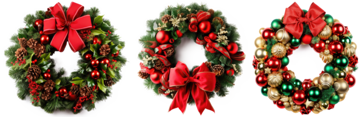 top view of decorative festive wreath with red and golden christmas decorations and christmas tree balls isolated on transparent