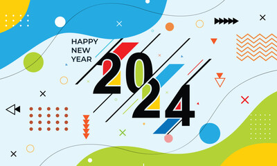 happy new year abstract geometric greeting banner design. new year 2024 minimalist design coloring geometric shape with background. perfect for branding, banner, poster, cover, templates.