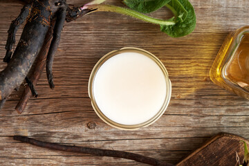 Cooled homemade comfrey root ointment in a glass jar, top view