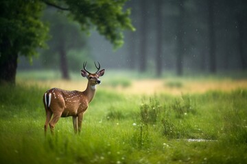 Naklejka na ściany i meble Adorable deer calmly feeding on the lush meadows under rain and sunshine. Generative AI