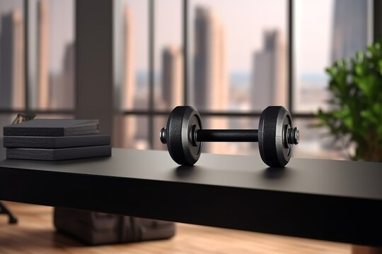 a dumbbell on a black desk, free space blurred background