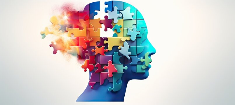 Image of a human head made up of puzzle pieces with vivid colors. Generative AI