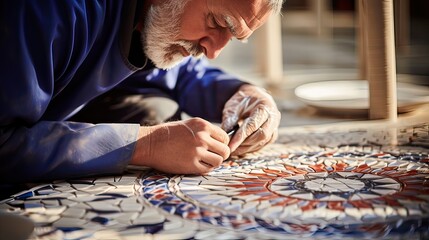 A professional tiler using expertise to craft. Mosaic masterpiece, precise design, bathroom enhancement, meticulous tiling, artisanal artistry. Generated by AI