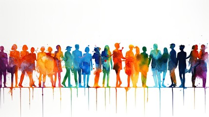 Beautiful image of a group of people silhouettes standing, drawn in the style of colorful watercolors. Generative AI