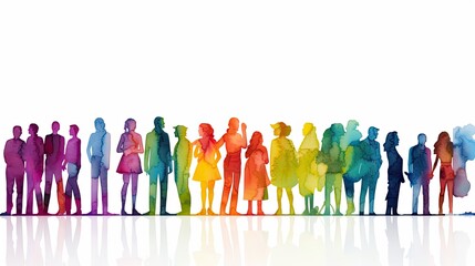 Beautiful image of a group of people silhouettes standing, drawn in the style of colorful watercolors. Generative AI